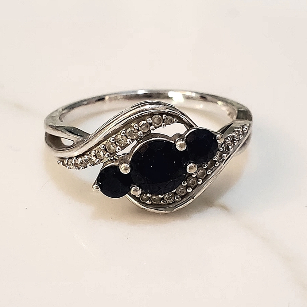 10k White Gold Genuine Blue Sapphire & 1/10 Ct Diamond Ring